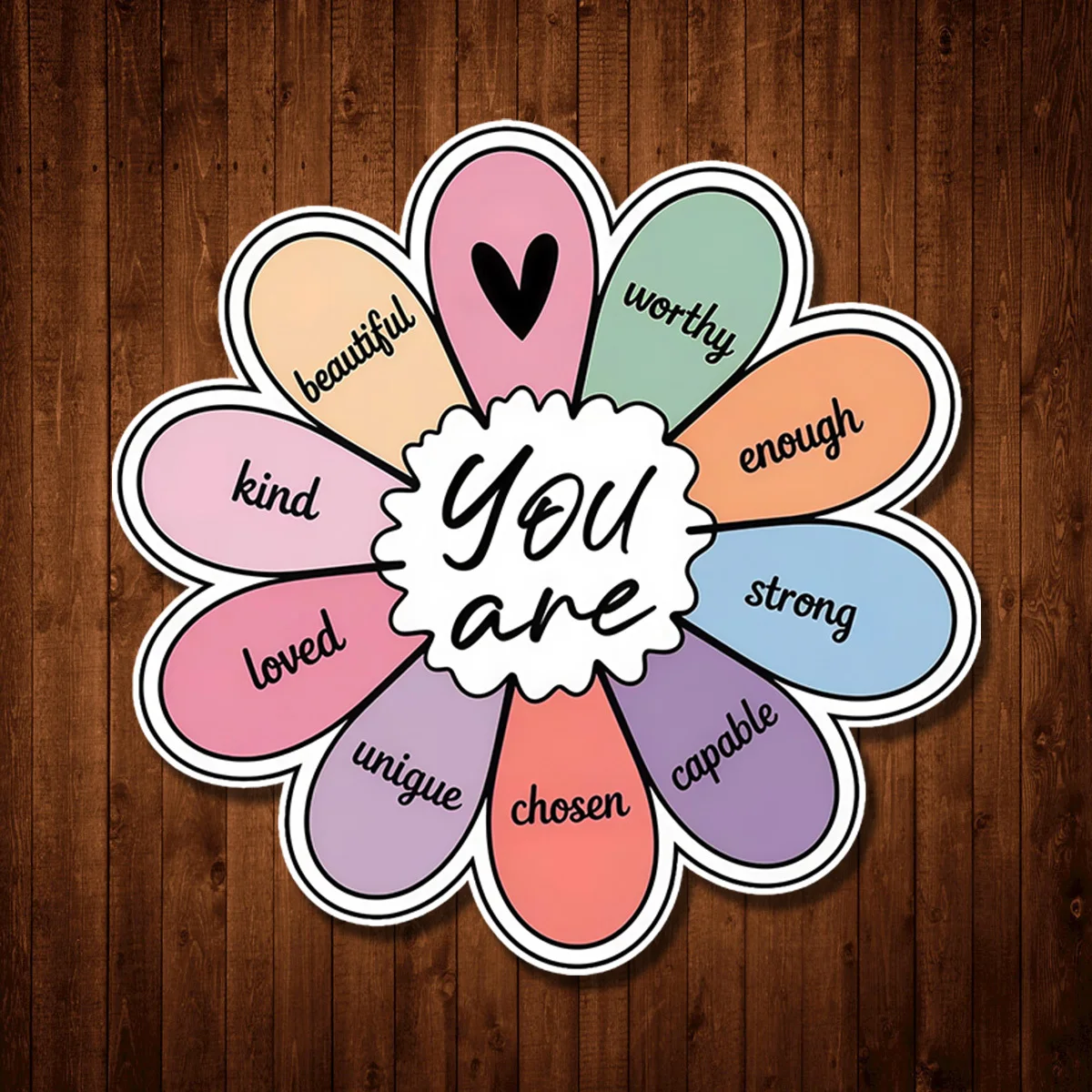 Introduction sticker with colorful flowers and positive vocabulary, featuring motivational style decorative stickers