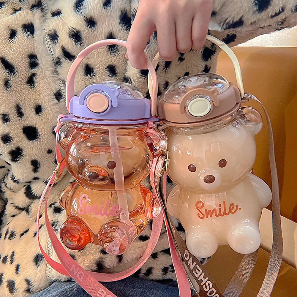 

1000/1400ML Kawaii Bear Kettle Straw Water Cup Summer Large Capacity Plastic Straw Drinking Cup Cute Children Water Bottle