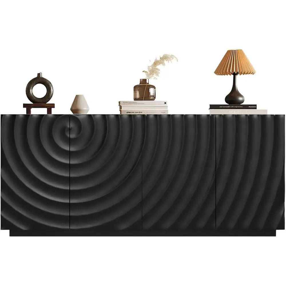 Modern 59 Buffet Cabinet with 4 Doors, Spiral Grain Storage Sideboard for Kitchen and Living Room in Black