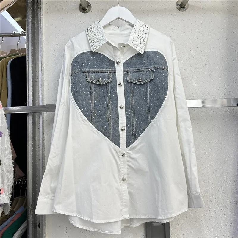 DEAT Damesoverhemd Los Patchwork Denim Hartknopen Gestreepte Strass Revers Witte Blouse Herfst 2024 Nieuwe Mode 29L8971