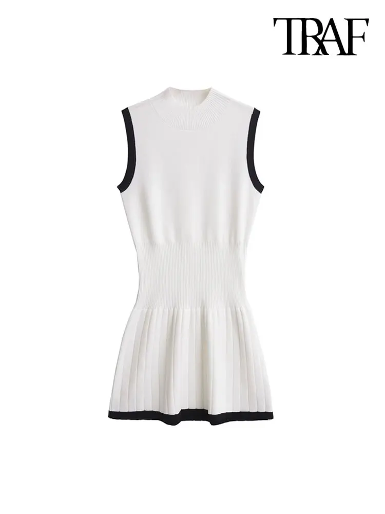 TRAF-Sleeveless Knit Mini Dress for Women, High Neck, Patchwork, Female Dresses, Chic Fashion