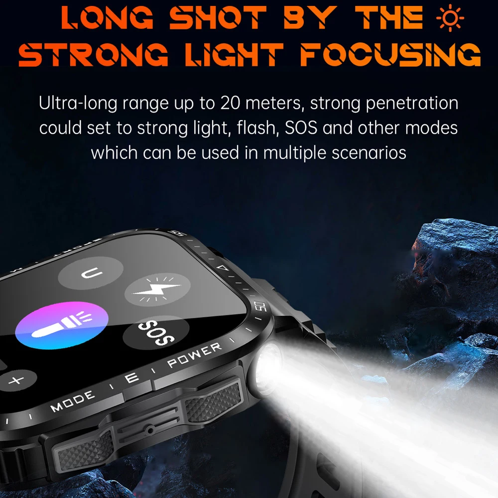 Reloj inteligente 2025 para hombres y mujeres, linterna LED resistente al agua, pantalla de 1,96 ", rastreador deportivo al aire libre de 430mAh, llamada de diente azul, reloj inteligente de música