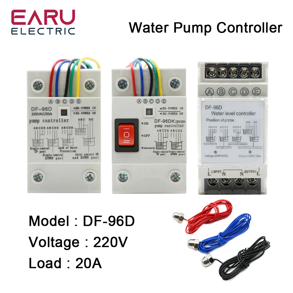 DF-96D DF-96DK Water Level Controller Switch 20A 220V Water Tank Liquid Level Detection Sensor Water Pump Controller 2M Wires