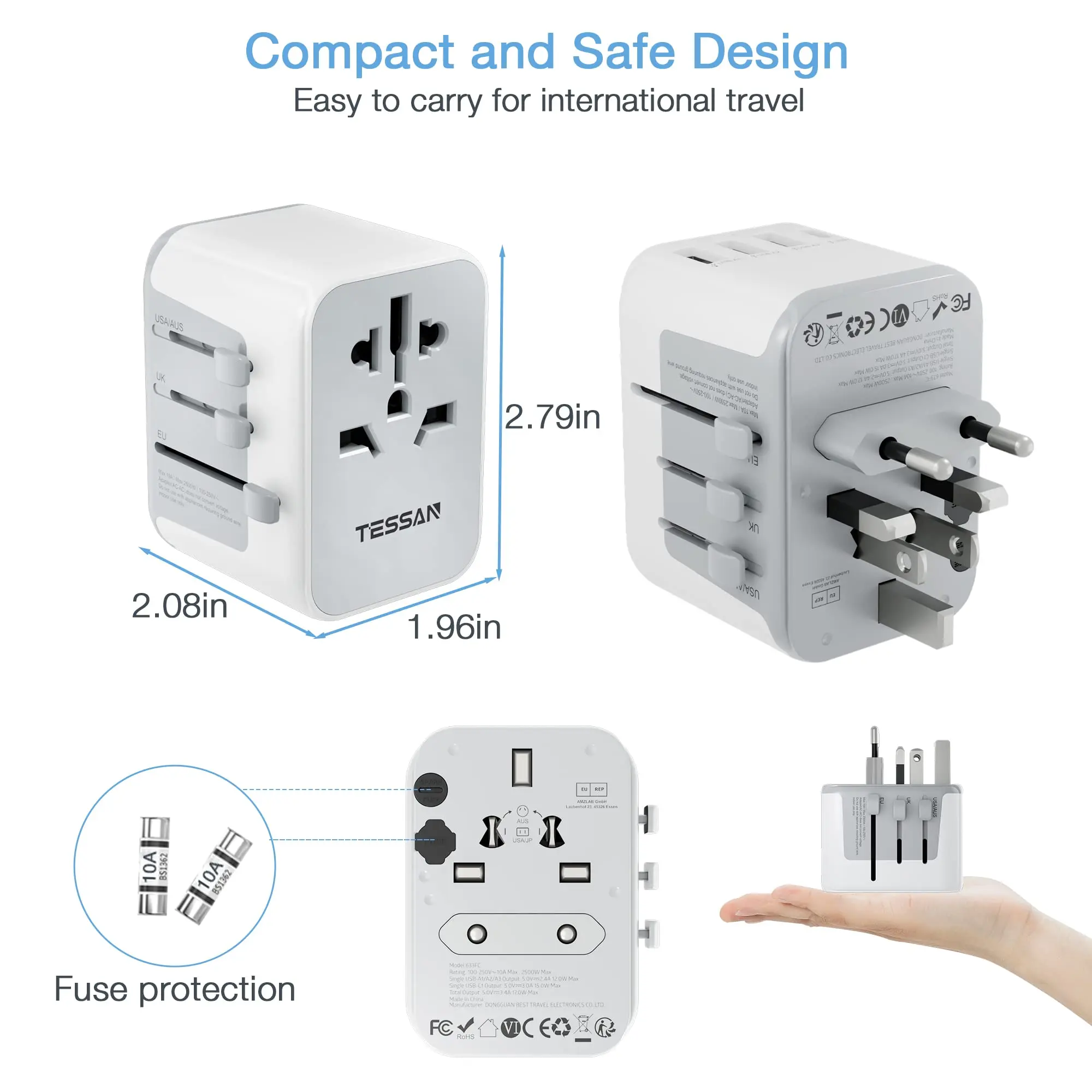 테산 국제 여행 어댑터 USB A 포트 및 타입 C 올인원 미국 EU 영국 호주 플러그 여행용