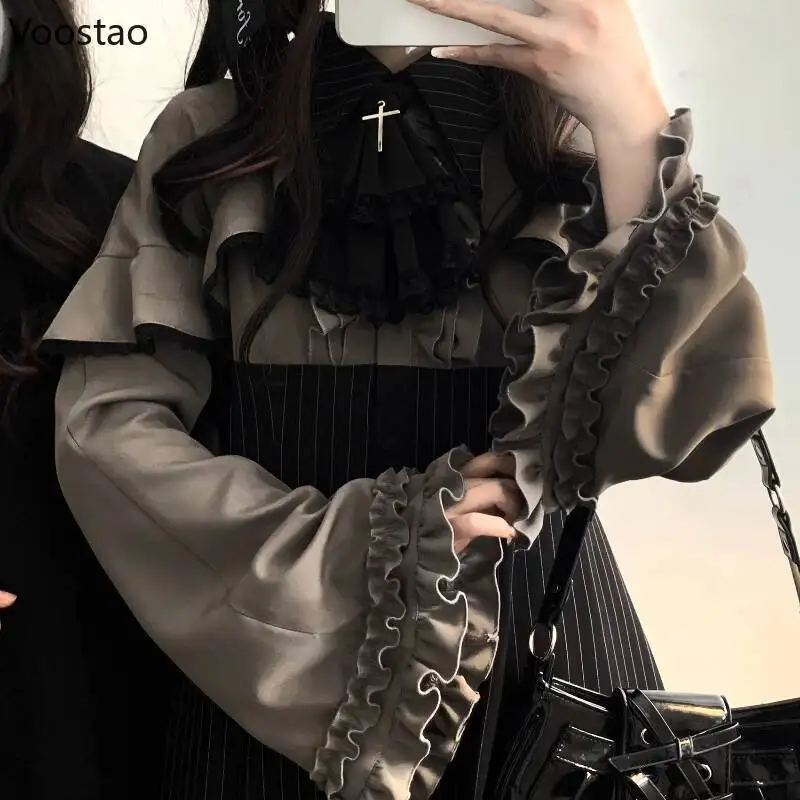 Zestaw: Mini Sukienka Vintage Lolita z Szortami, Damska, Japoński Styl Gotycki Y2k, Rozkloszowane Rękawy, Efekt Dwóch Części, Sukienki na Imprezę, Słodka Sukienka Damska