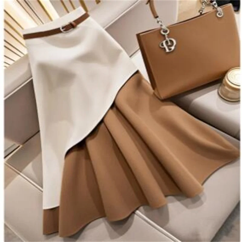 

2025 Spring Autumn Coffee Contrast Color Skirt for Women Korean Elegant Temperament High Waist Slimming A-linge Long Skirts Y2k