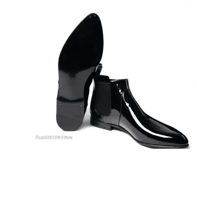

Black Patent Leather Ankle Boots Fashionable Slip On Men Shoes Bristish Style High Top Men Shoes Novel High Quality Dress Shoes