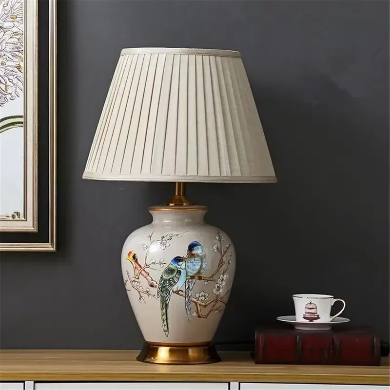 American Rural Ceramic Table Lamp with Fabric Shade Magpie Bird Plum Blossom Pattern for Living Room Villa Hotel Bedside