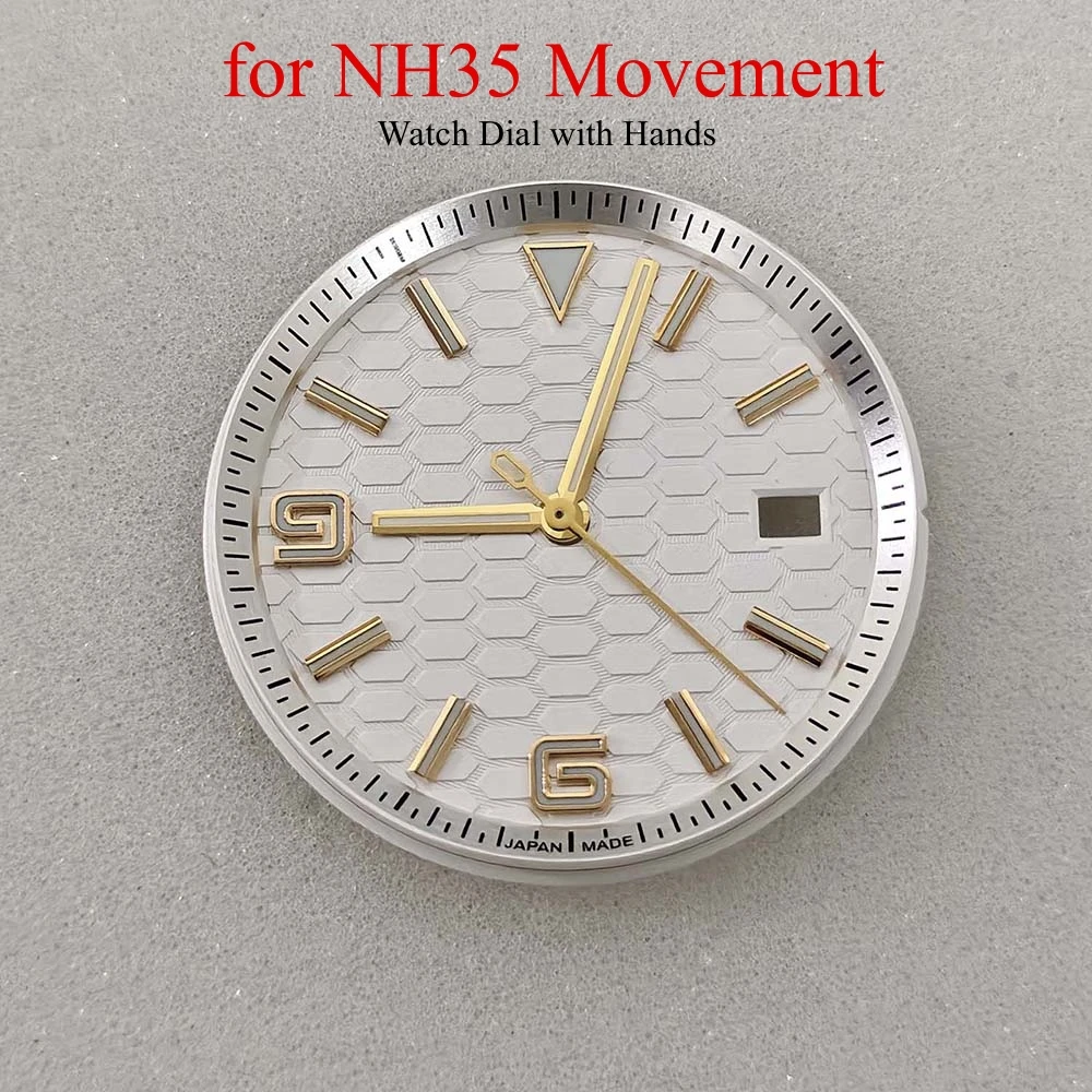 33.8mm Watch Dial with Hands for NH35 Movement Gold-Tone Single-Date Dial + Green Luminous Hands Watch Accessories