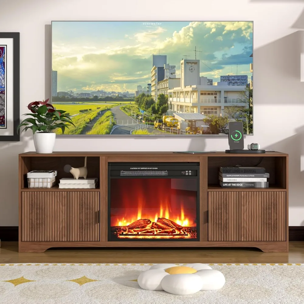 

Fireplace TV Stand for Television Up To 80 Inch with Adjustable Shelf,Mid-Century Fluted TV Stand with 23" Electric Fireplace