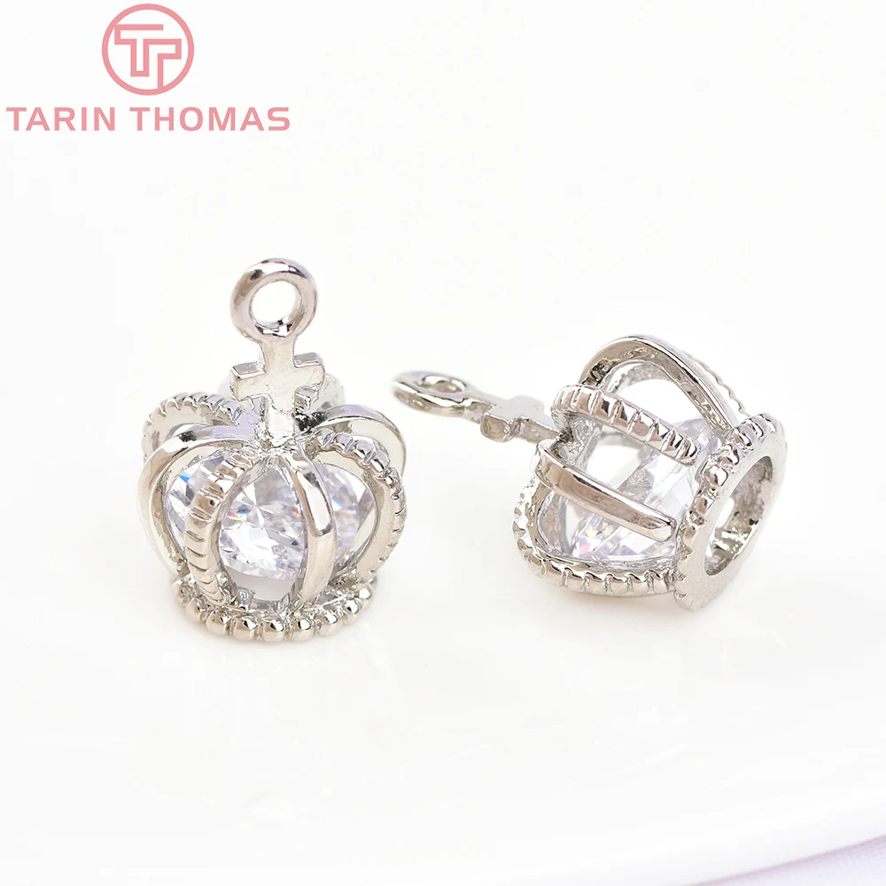 (1517) 6PCS 11x15MM 24K Gold Color Plated Brass with Zircon Crown Charms Pendants High Quality Jewelry Accessories