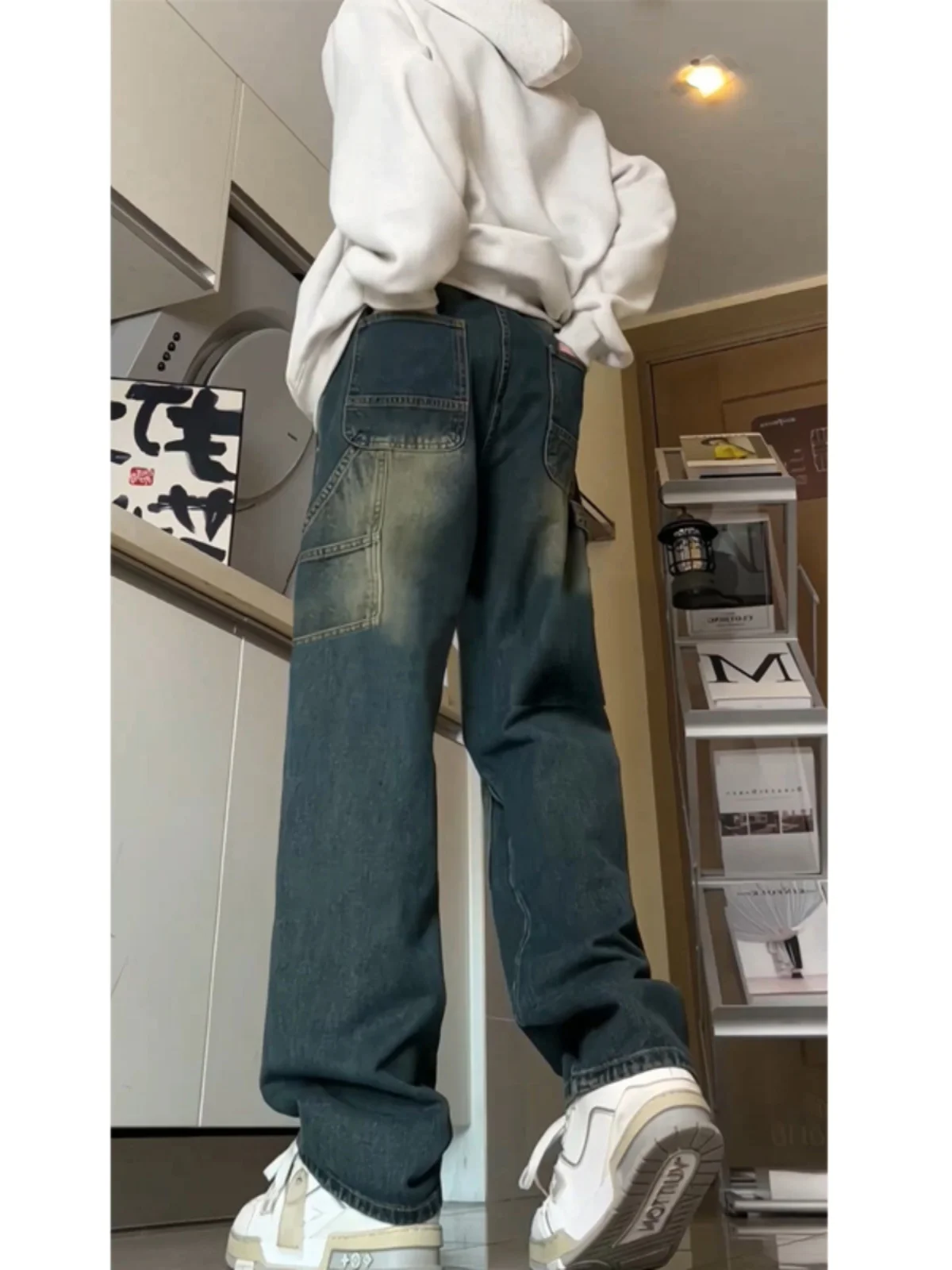 

Мужские джинсы в стиле ретро, синие, рабочие, осенне-зимние, в американском стиле, свободные прямые брюки для мужчин, модные, в стиле лофт