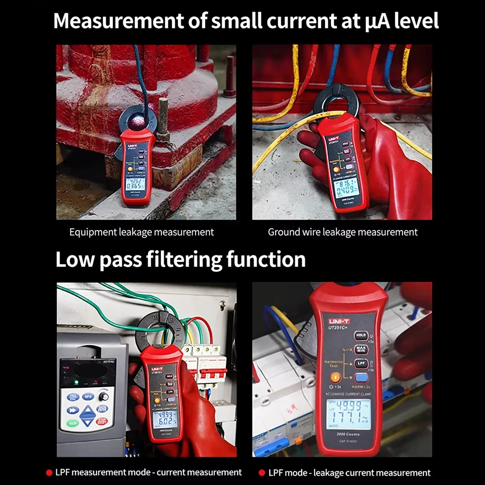 UNI-T UT251C + Pinza amperometrica corrente di dispersione 60A AC Pinza amperometrica digitale Vero RMS PEAK Hold Bluetooth LPF Misura test armonico