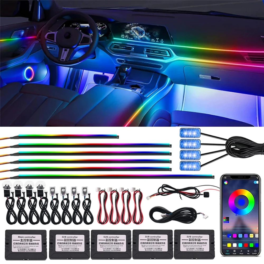 

18 в 1, 64-цветная RGB-симфония, автомобильное окружающее освещение, интерьерная акриловая направляющая, светодиодная лента, украшение, атмосферная лампа с управлением через приложение