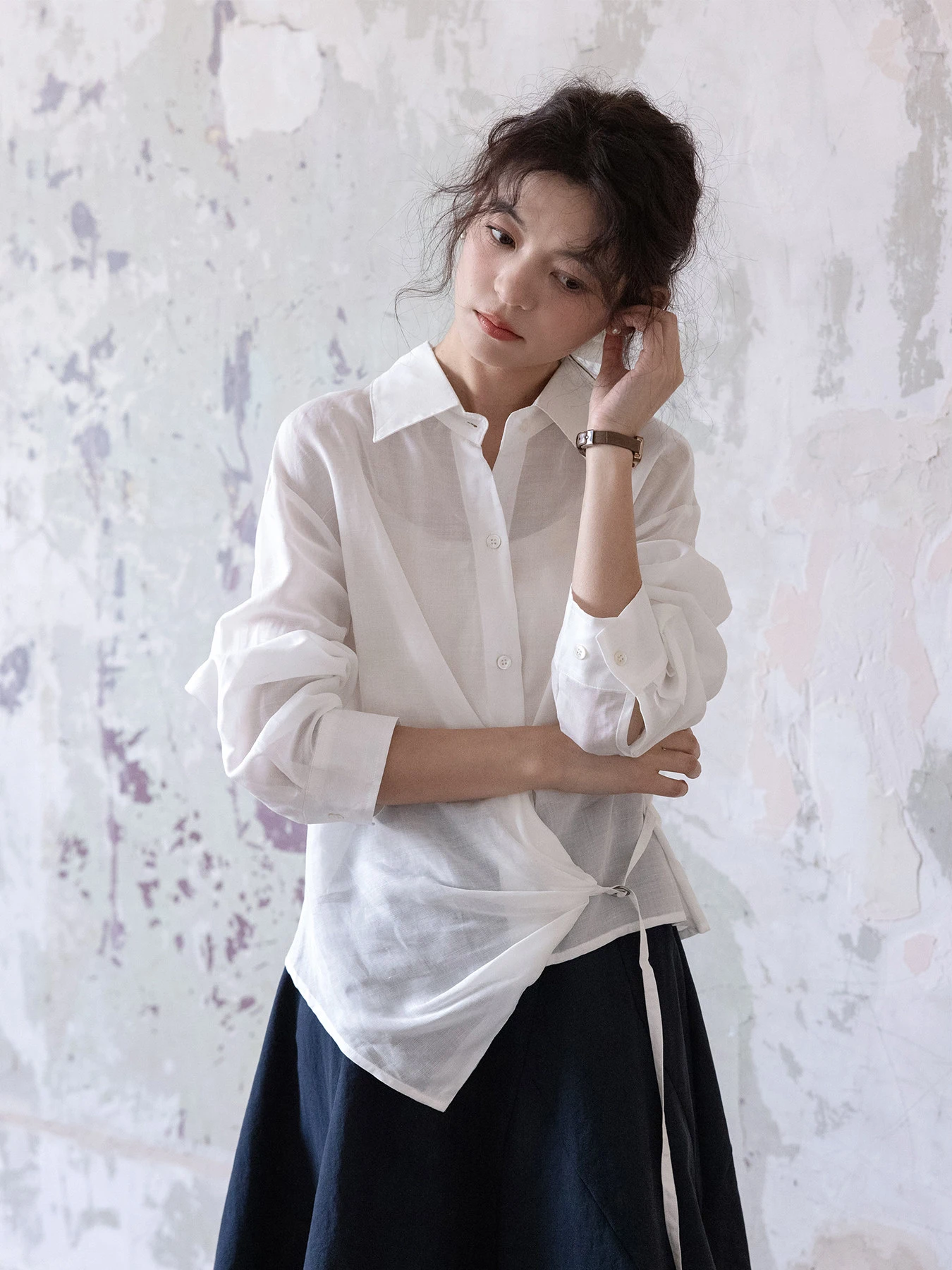 

Moonlight Performance Design Silk Chiffon Mixed Linen White irt Women's Spring Blue Top Unique irt Loose Fit Long Sve ...