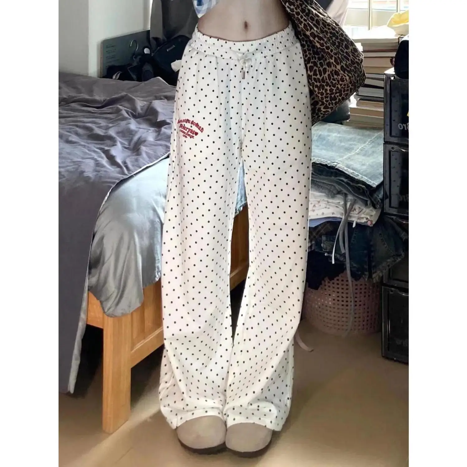 

Женские повседневные брюки с американской вышивкой в виде букв и горошком, с высокой талией, свободные, летние, весенние, модные, широкие, длинные