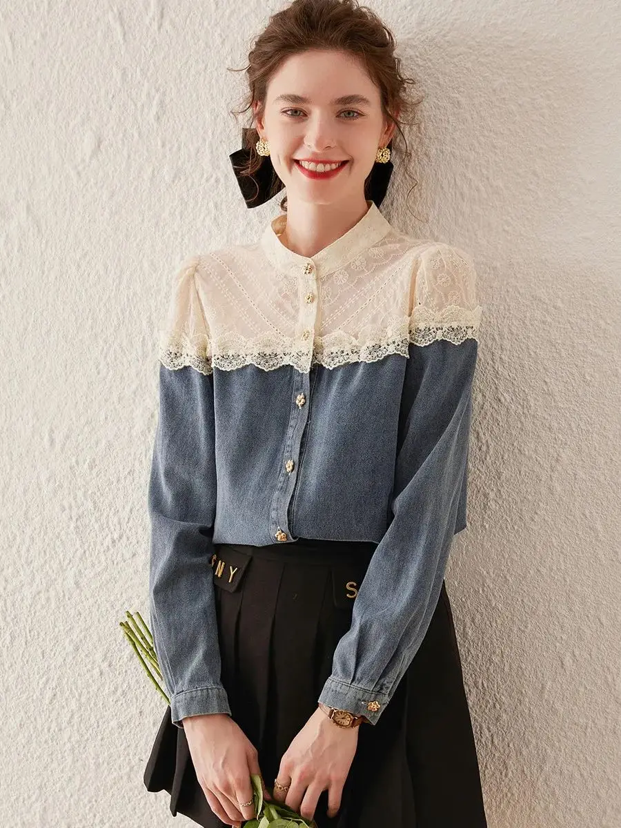 LOUIS YAO Women Color Block Lace Stand-Up Collar Shirt 2023 Autumn Fashionable Denim Blue Long-sleeve Top