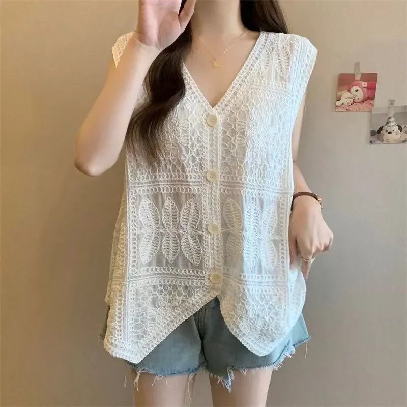 

Women's Boho Lace Embroidered Vest V Neck Button Sleeveless Casual Top
