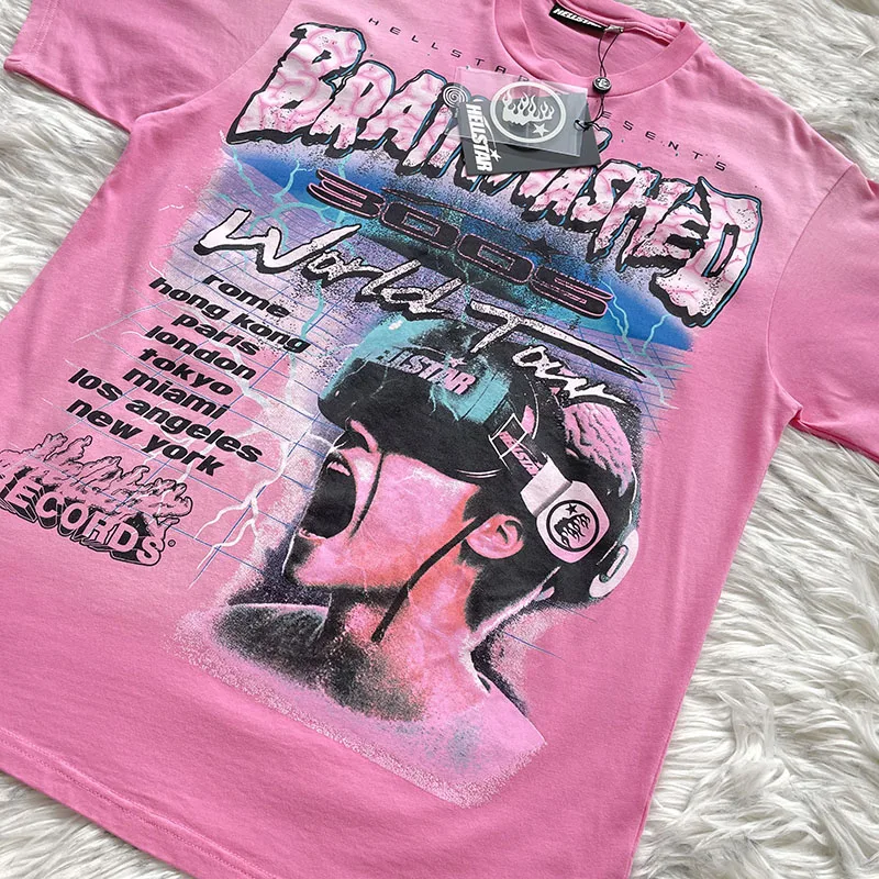 American High Street Pure Cotton Short Sleeve T-Shirt Brainwashed World Tour round Neck Youthful Trend for Autumn And Winter