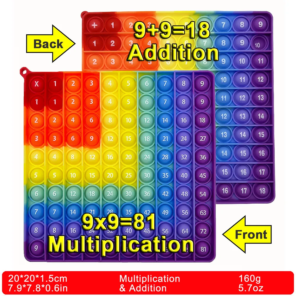 9x9 9+9 Multiplication Addition Math Learning Push Bubble Fidget Pop Toys, Rainbow Right Angle Pop Educational Toys For Children