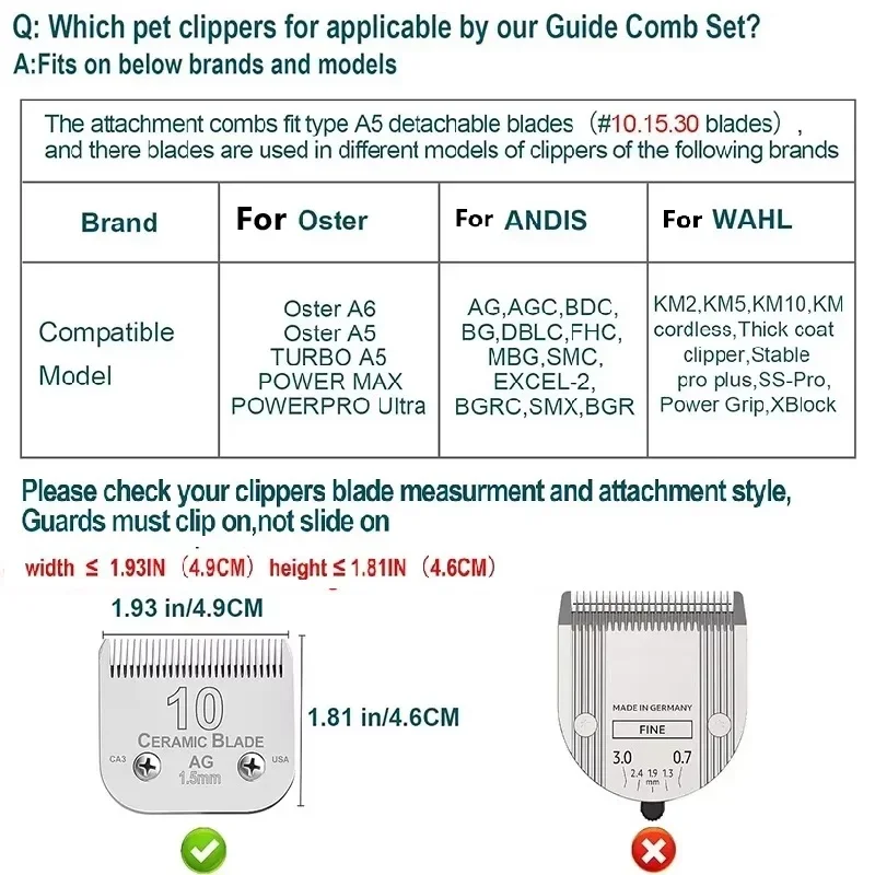 Pet 9 Color Stainless Steel Comb Set For Andis, Oster A5, Wahl KM Series Detachable Blade Animal Clippers (only size 10/15/30)