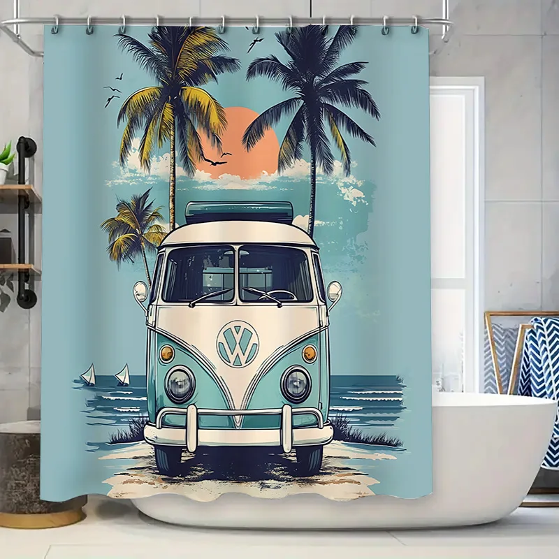 Tropischer Sonnenuntergang Volkswagen Van Duschvorhang – Heimdekoration im Vintage-Strandstil – wasserdichter und langlebiger Stoff für Badezimmer