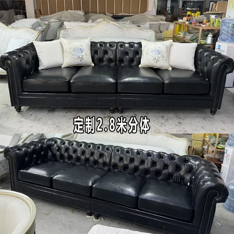 Divano americano retrò con fibbia in pelle e legno massello