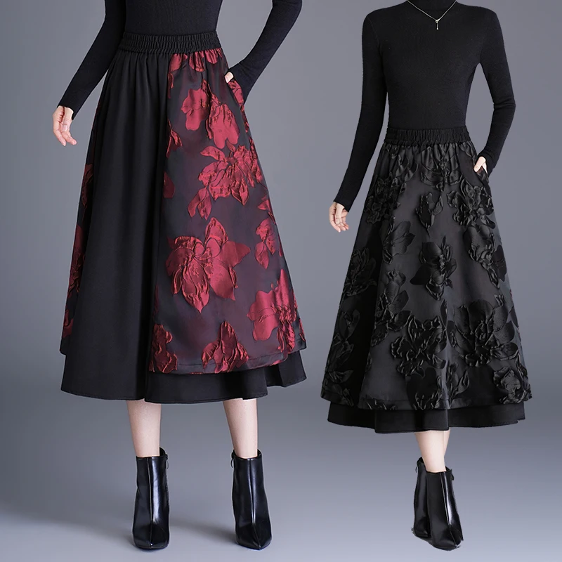 Autumn Winter New 3D Embossed Floral Half Skirt A-Line High Waist Slimming Large Flared Umbrella Skirt for Women Polyester Fiber