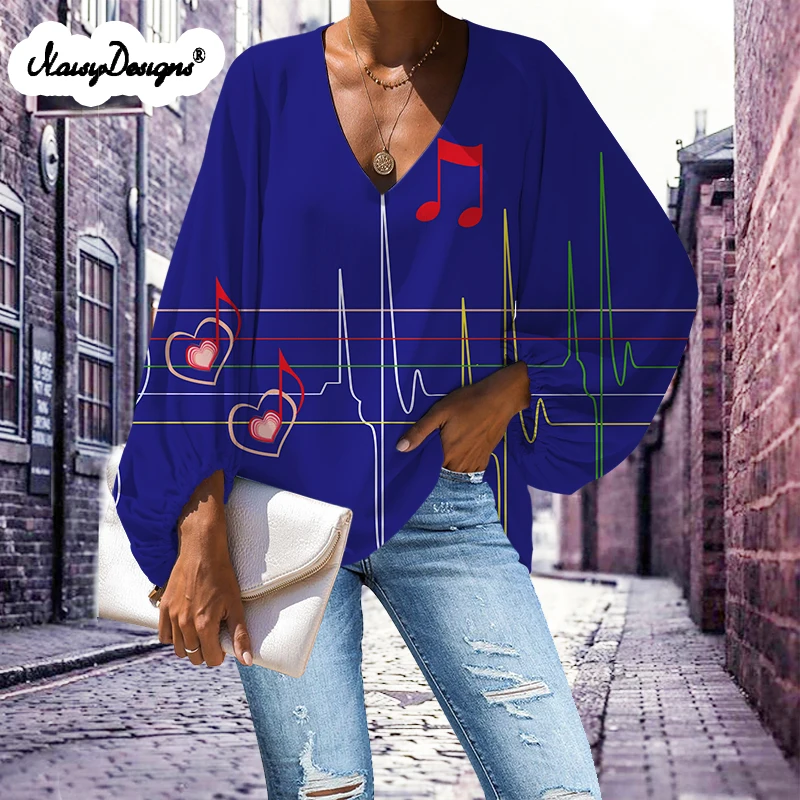 Noisydesigns White Women Tops Blouses Tunnic Music Notes Print Lady Party Long Sleeve Shirt V-neck Damen Mode Sommer 2024