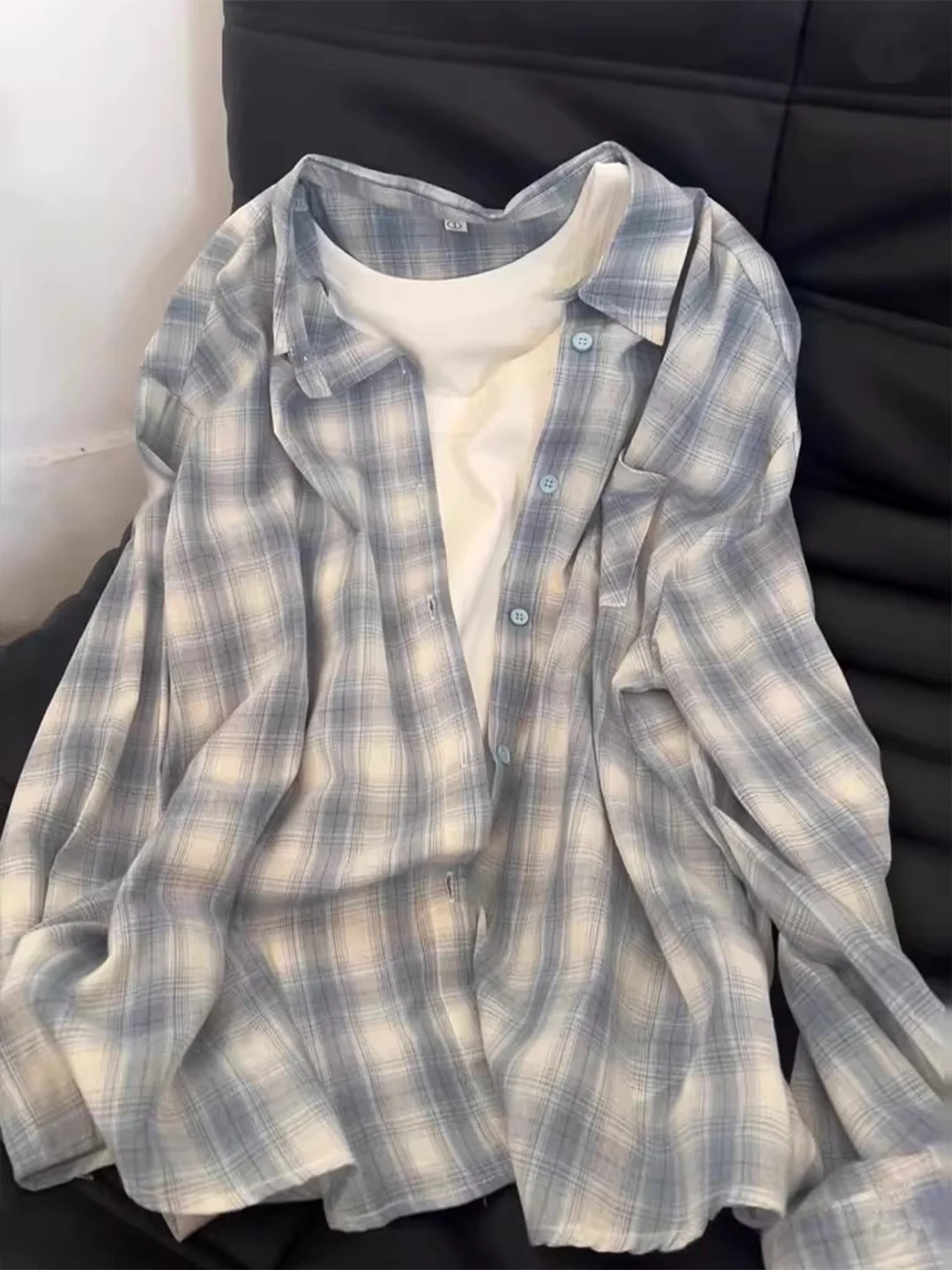 

Loose Korean Style Plaid Shirt Jacket Women's Summer New Lazy Long Sleeve Casual Sun Protection Top Button Detail Contrast Color