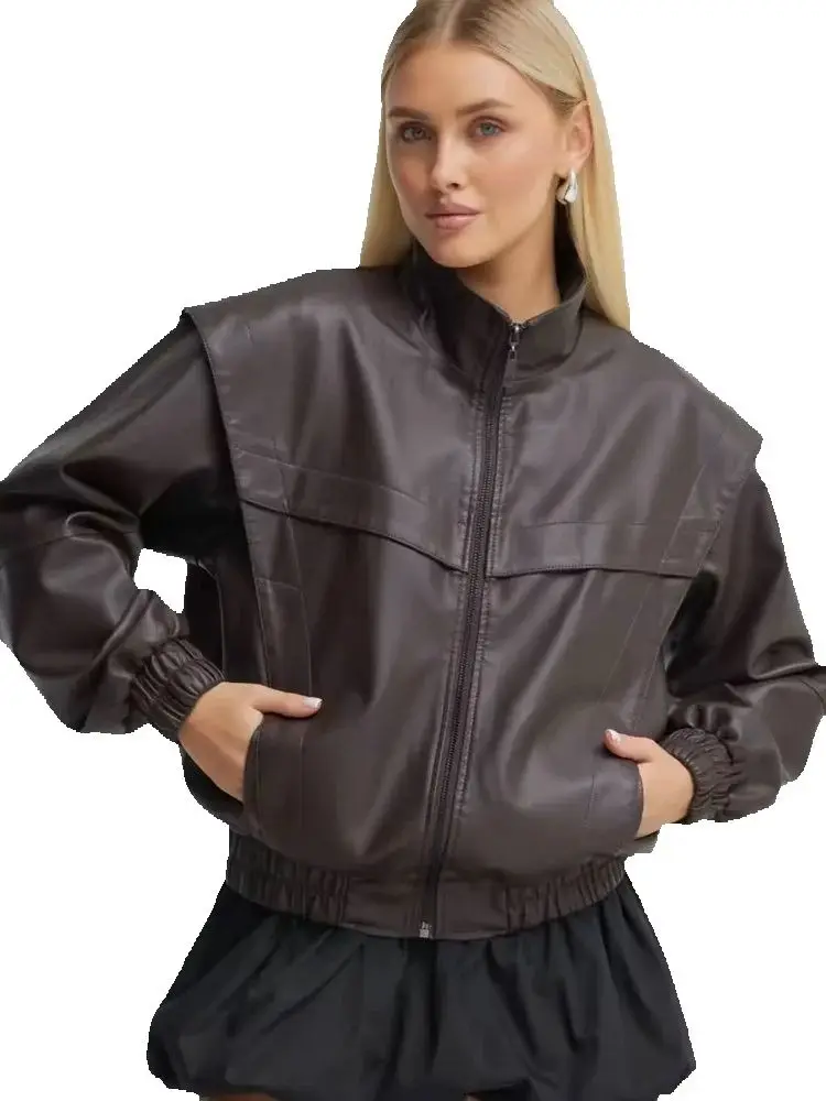 

2025 Autumn Winter Women's Retro Vintage Brown Faux Leather PU Jackets Female High Street BF Loose Black Zipper Coats Clothes