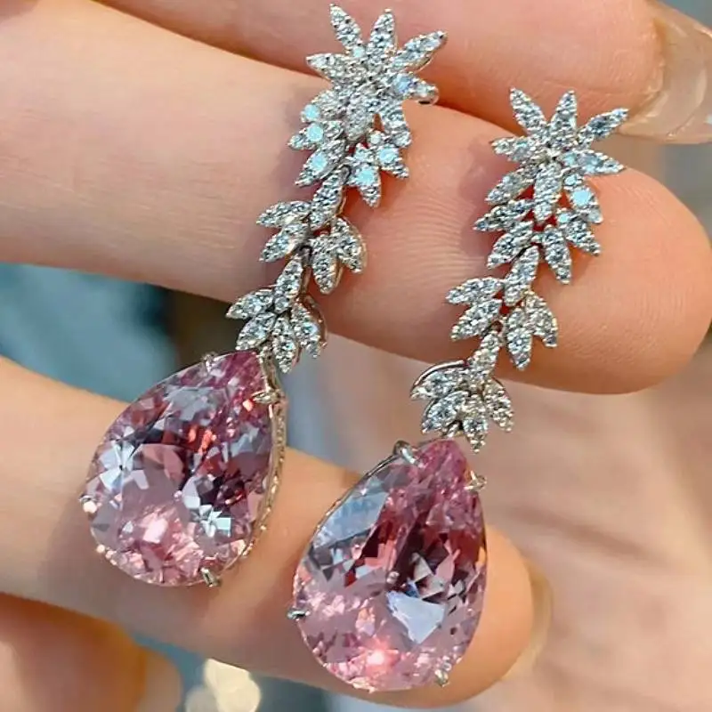 Huitan Ästhetische Damen-Ohrringe mit funkelndem rosa Birnen-CZ-Stein, elegantes Party- und Verlobungs-Accessoire, wunderschöner, trendiger Schmuck