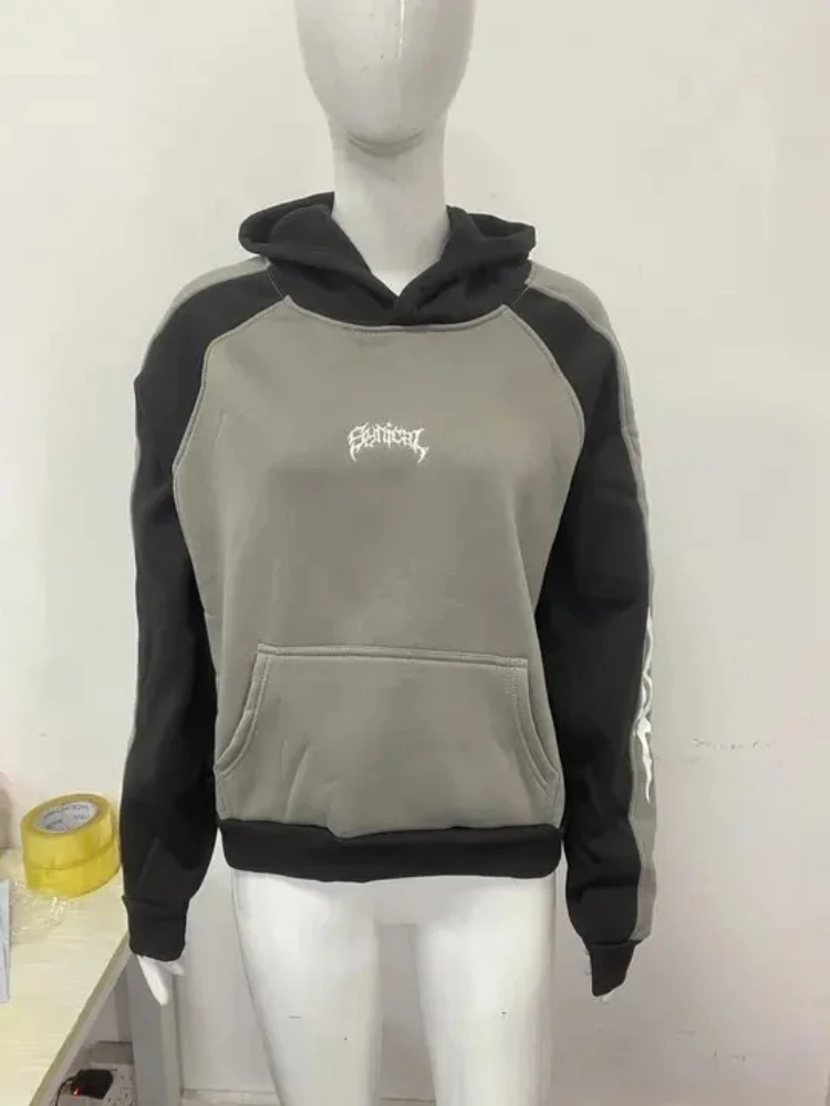 Retro Jacket Streetwear Trend Versatile Hoodie European And American Harajuku Printed Color Blocked Long Sleeved Pullover Hoodie