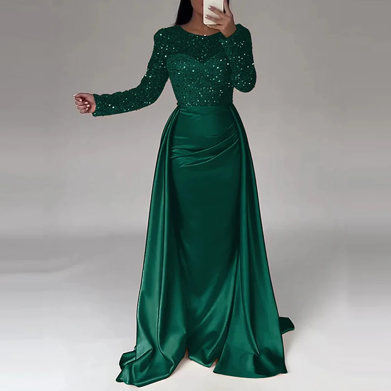 2025 New Year Women Evening Dress Elegant Sequin Patchwork Slim Banquet Dress Lady Temperament Long Sleeved Pleated A-line Dress