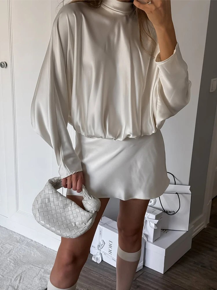 트렌딕스 화이트 새틴 드레스 여성용 2025 겨울 신상 플리츠 패치워크 리본넥 미니 드레스 파티 우아한 긴팔 드레스