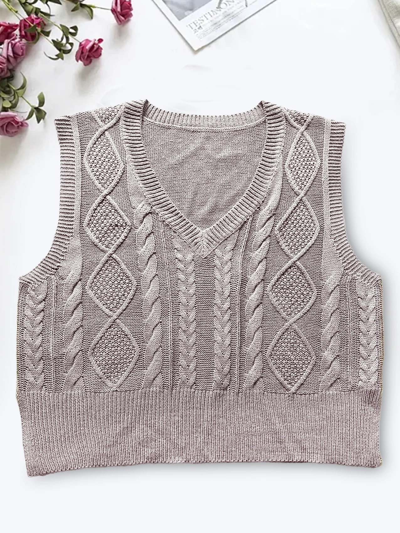 Grey Women\'s Ladies Fashion Sweater England Style Solid Color V-neck Sleeveless Vest Sweater Knitted Wool Sweater For Women