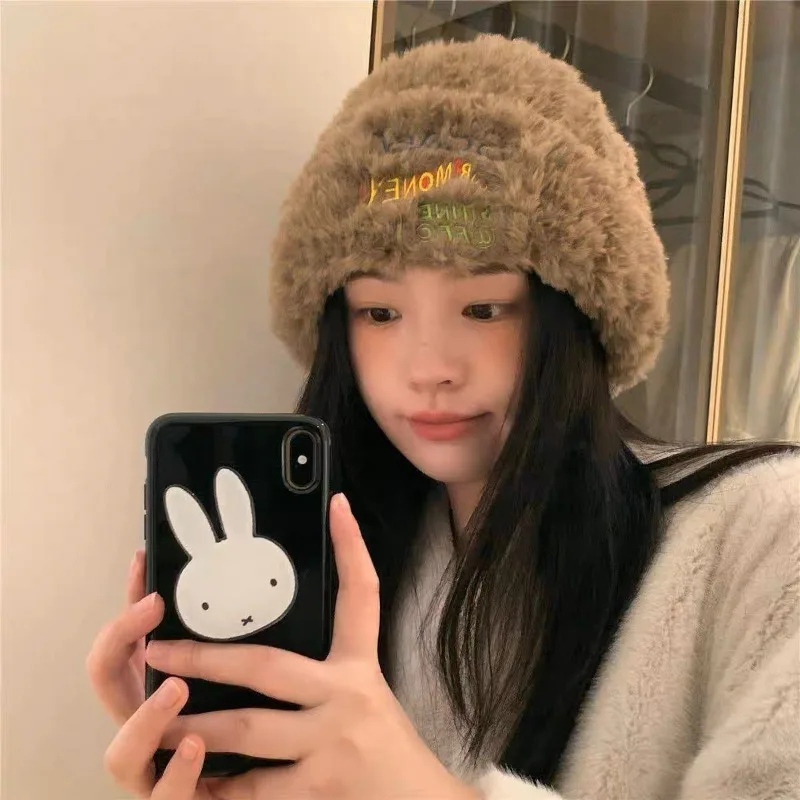 Women Cute Bear Knit Beanie, Winter Thick Plush Warm Wrap Hat, Large Head Size Soft Knitted Cap