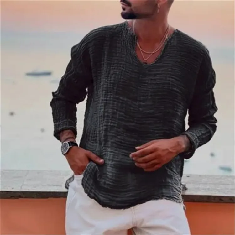 Summer Beach Handsome Men Casual Shirts Retro V-neck Long Sleeve Shirt Tops Burr Edge Pleated Loose Thin Pullover Trend Male Top