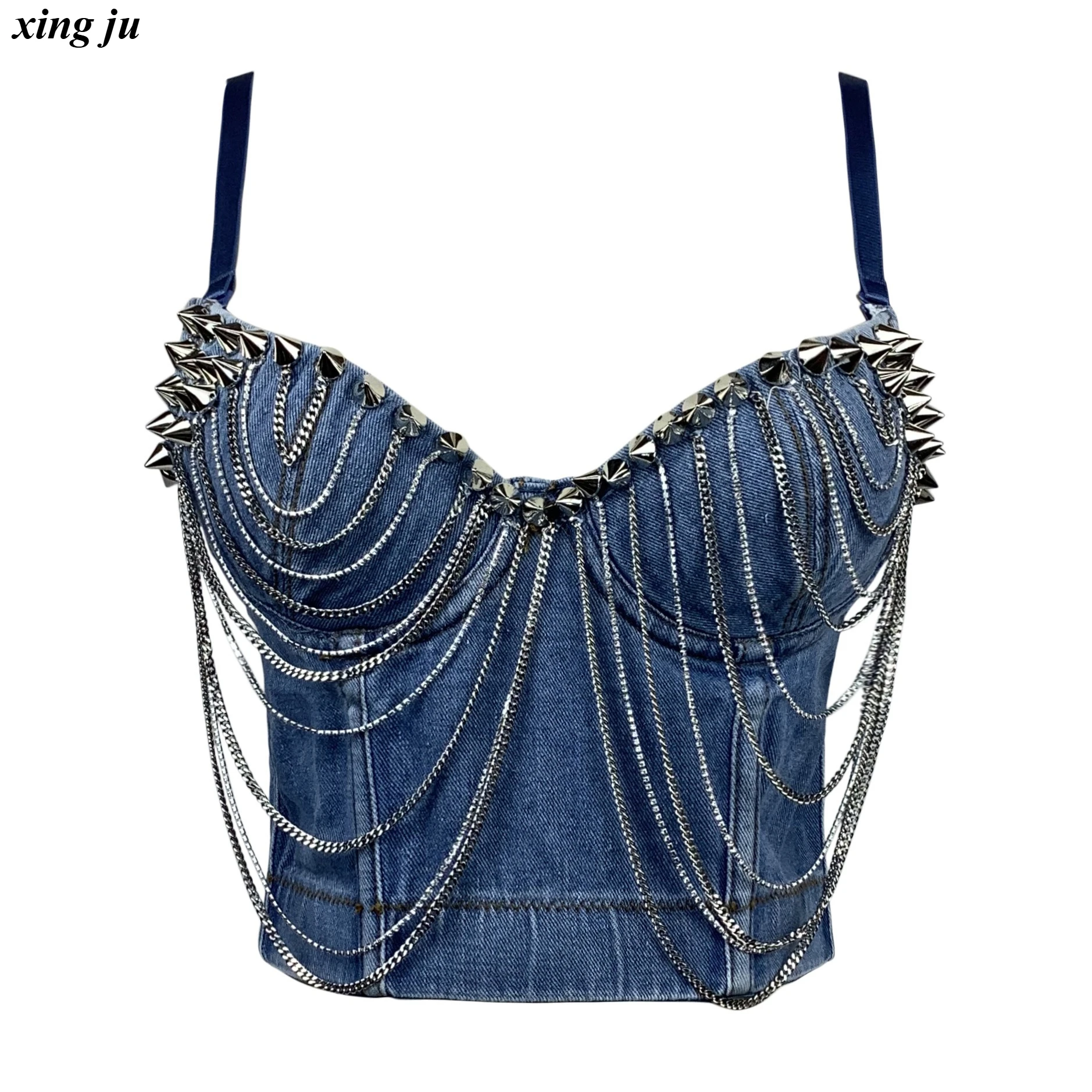 

Xing Ju New Nightclub Hot Girl Sexy Denim Fishbone Tops Jazz Dance Tassel Rivet Chain Vest Women Party Stage Performance Wear