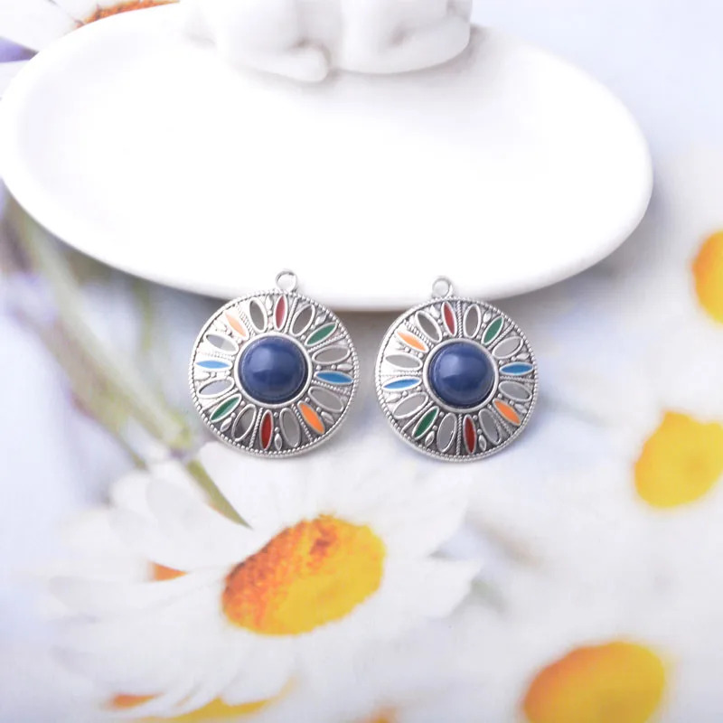 12 Stück/Set 18*36mm Legierung Antik Silberfarben Acryl Runde Marineblaue Anhänger Schmuckzubehör Emaillierter Anhänger – Detail 8