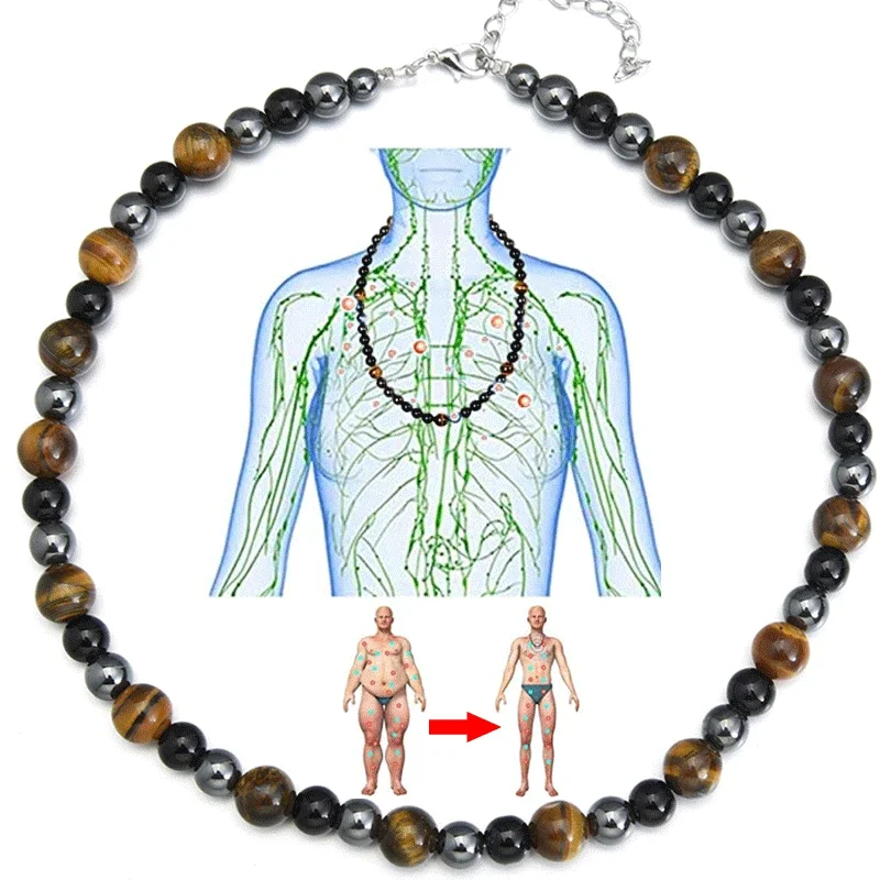 Men's Obsidian Natural Tigers Eye Beaded Necklace Power Fitness Yoga Slimming Necklace Jewelry Treating Cervical Pain Necklace