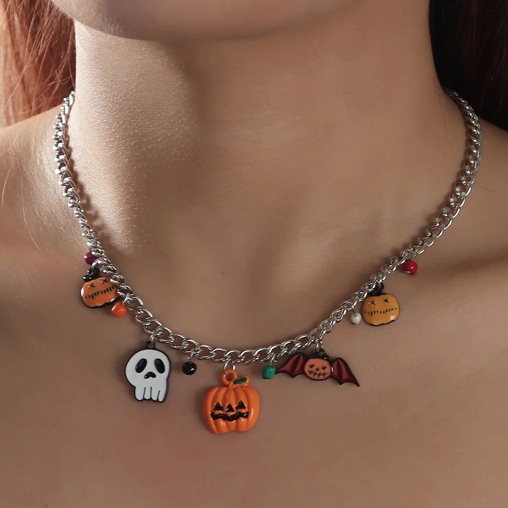 

Europe and America Silver Color Chain Bat Winged Pumpkin, Ghost Pendant Necklace UNISEX Halloween Punk Hip Hop Party Necklace