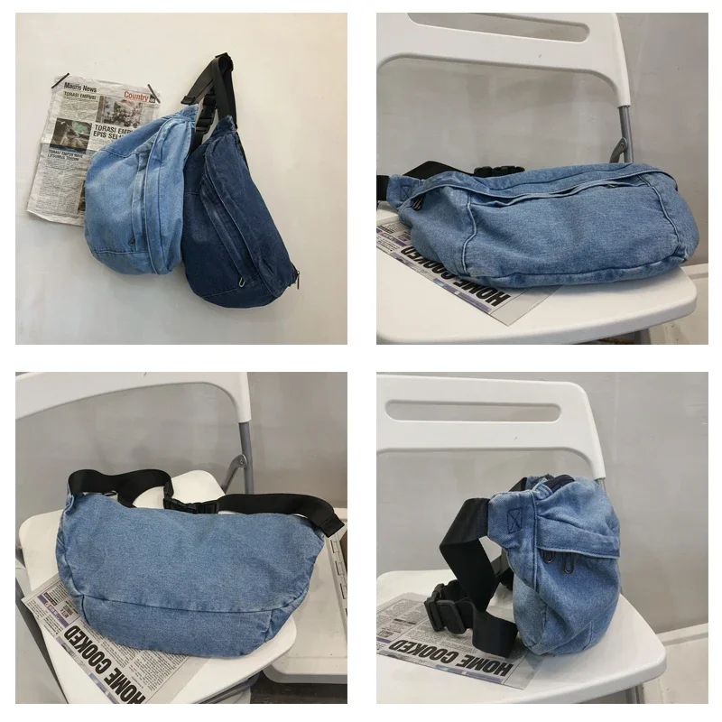 Belt Canvas Women's Bag Eco Bag Korean Messenger Bag Y2K Shoulder Cross Bag Chest Pack Zipper Purse Unisex Satchel Denim Pockets image 4