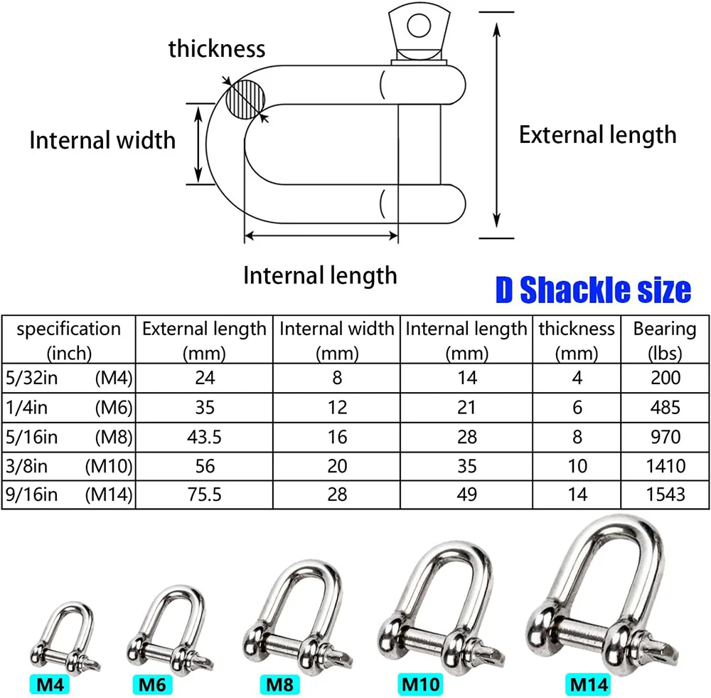 4Pcs Stainless Steel 304 D Shape Shackle 5/16\