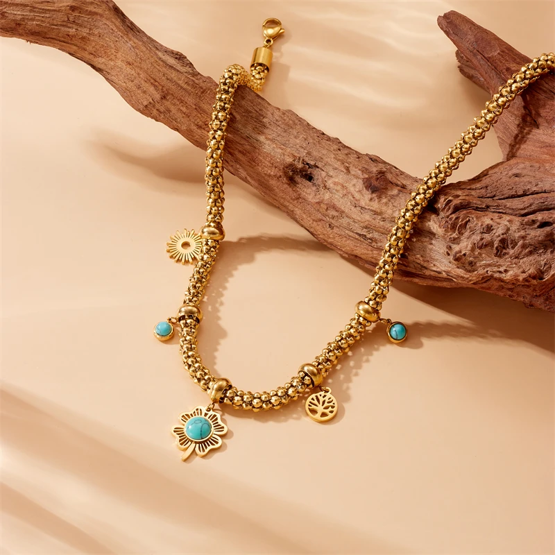 MEYRROYU 316L Stainless Steel Oval Turquoise Necklace For Women Girl 2024 New Trend Golden Flowers Chain Waterproof Jewelry Gift