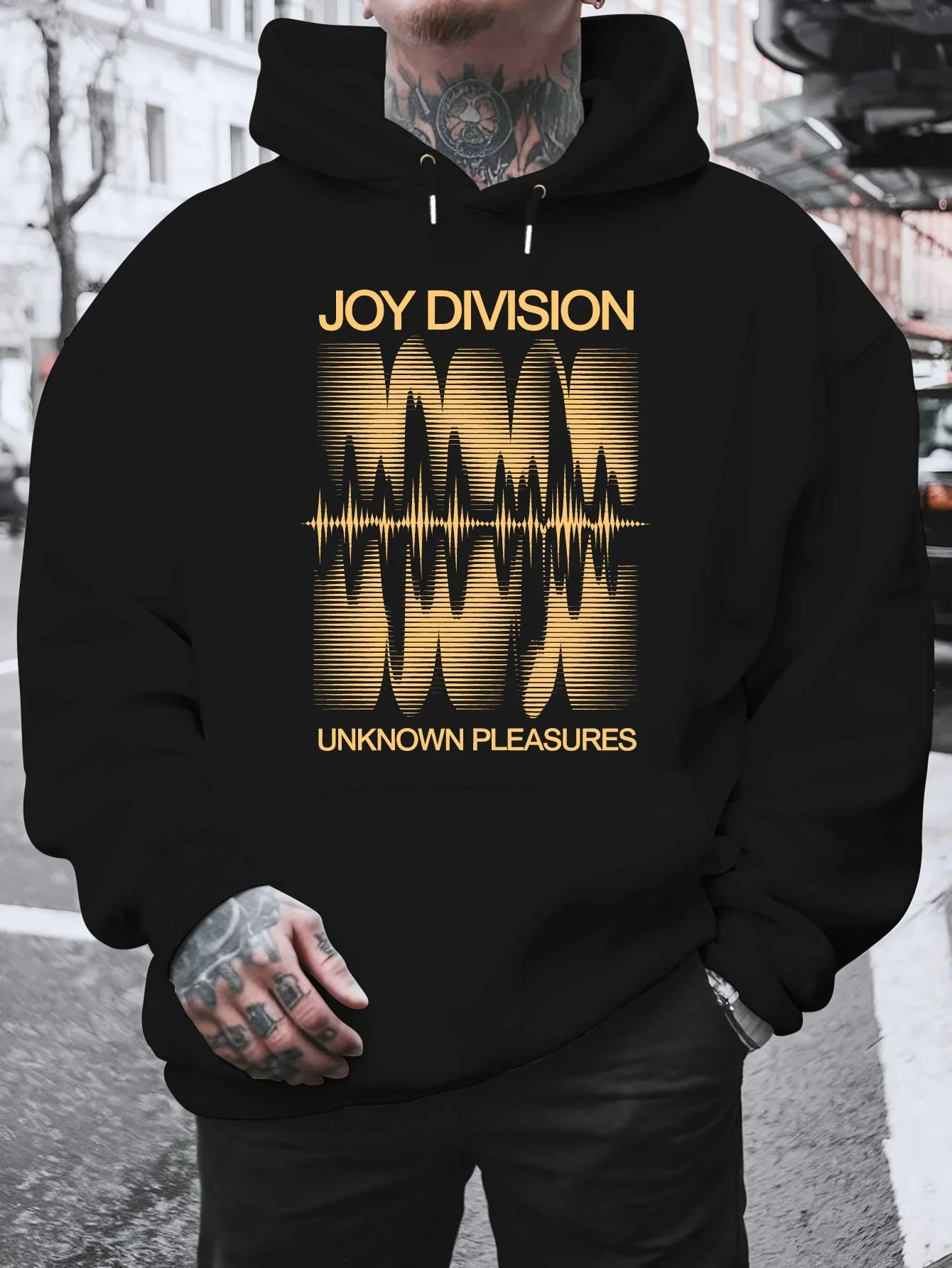 Men Fleece Hoodie JOY DIVISION UNKNOWN PLEASURES Golden Audio Wave Pulse Chest Print Black Post Punk Rock Casual Pullover