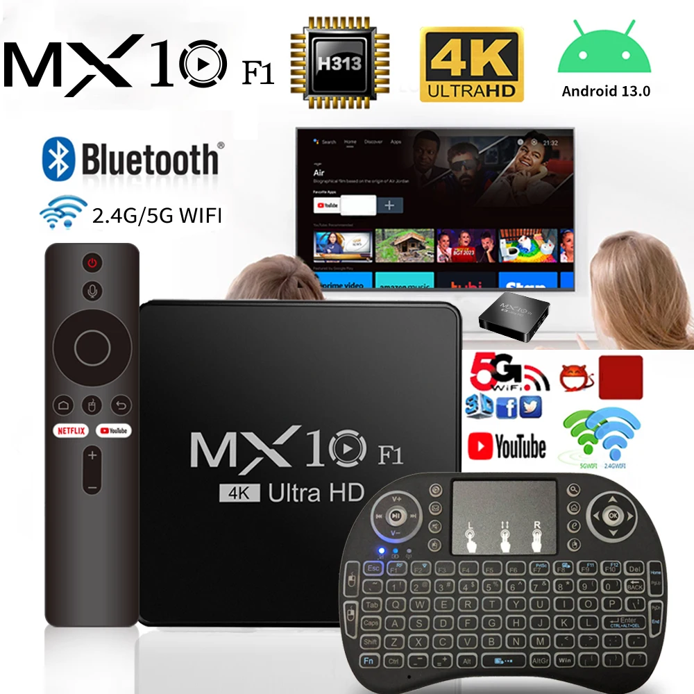 2.4G Air Mouse Remote & Smart TV Box MX10 F1 Allwinner H313 Mali-G31 Android 13 Mini Wireless Keyboard
