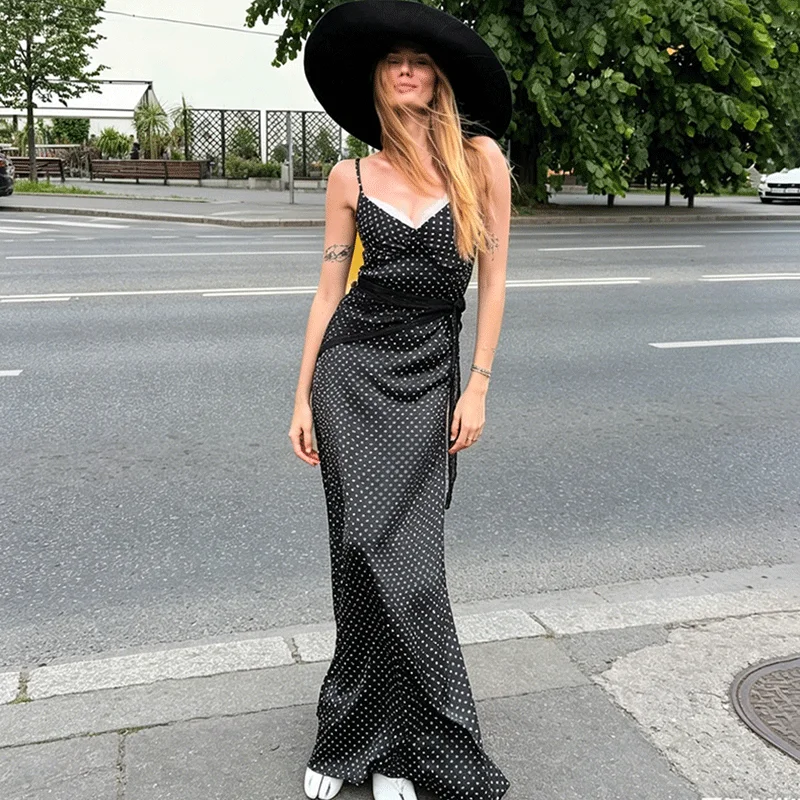 Ticketsx Fashion Polka Dot Women's Dress Summer Lace Patchwork Sleeveless Sling Long Dress Elegant Backless Party Vacation Dress
