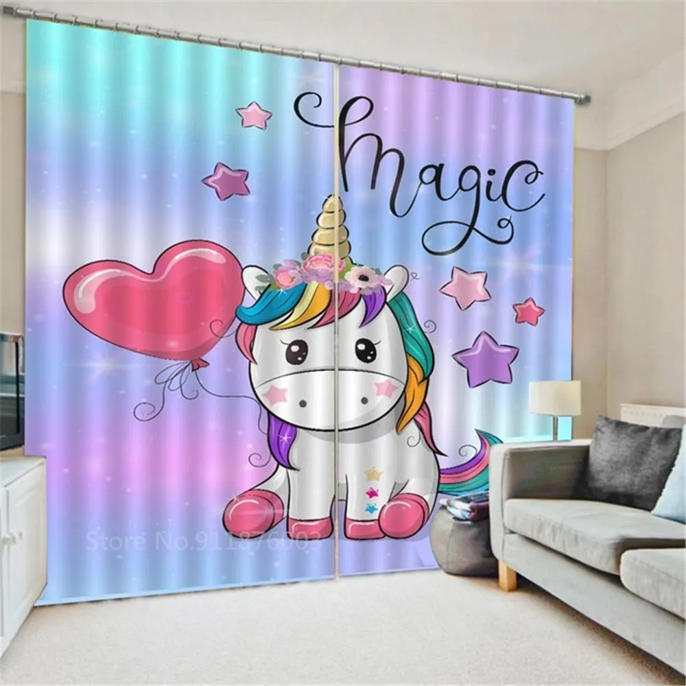 Cartoon Unicorn Windows Curtains For Living Room Bedroom Decorative Kitchen Curtains Drapes Treatments Customize Micro Shading