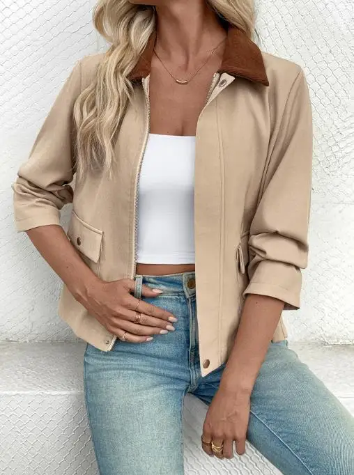 Autumn Fashion Lapel Contrasting Color Splicing Slim Straight Tube Short Jacket for Women Slim Fit Commuting Style Short Jacket